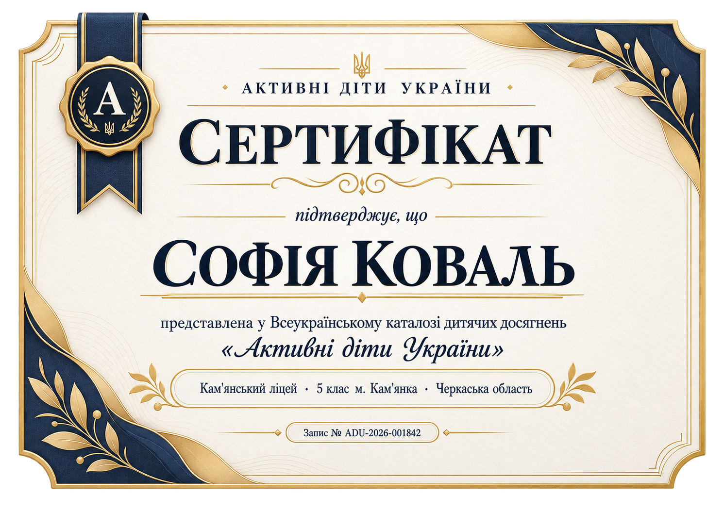 Приклад електронного сертифіката «Активні діти України»